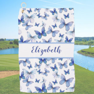 Pretty blue butterfly with custom name ladies  golf towel