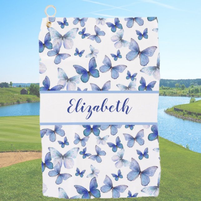 Pretty blue butterfly with custom name ladies  golf towel (Creator Uploaded)