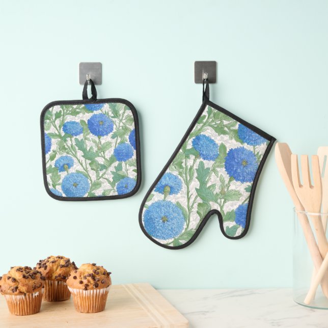 PRETTY BLUE CHRYSANTHEMUM FLOWERS OVEN MITT & POT HOLDER SET (Insitu(Hanging))
