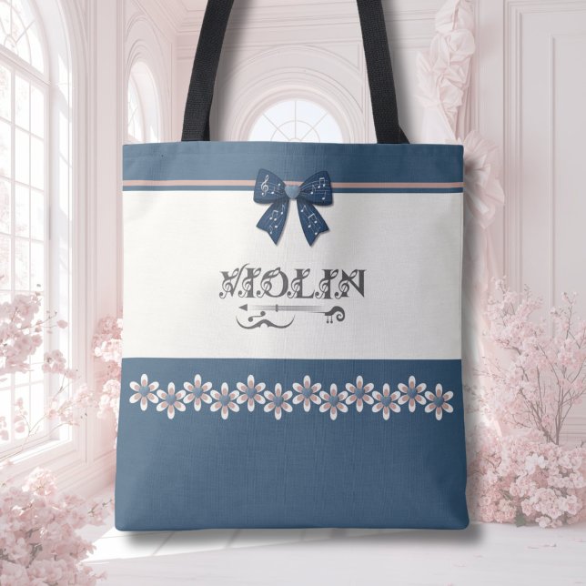 Pretty Blue Coquette Bow Violin Orchestra Tote Bag (Pretty blue coquette bow violin tote bag for teen girls to carry scores to orchestra concerts.)