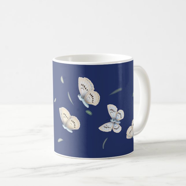Pretty Blue & Cream Butterflies in Flight Blue Coffee Mug (Front Right)