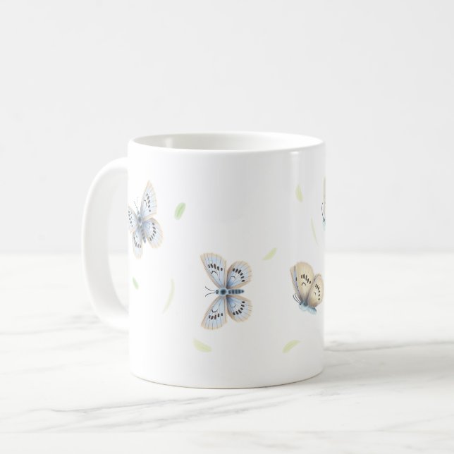 Pretty Blue & Cream Butterflies in Flight Coffee Mug (Front Left)