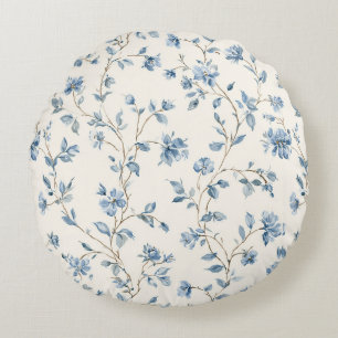 Pretty Blue Cream Flowers Round Cushion