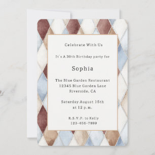 Pretty Blue Cream Tan Brown Diamonds Birthday Invitation