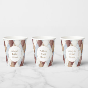 Pretty Blue Cream Tan Brown Diamonds Bridal Shower Paper Cups