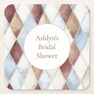 Pretty Blue Cream Tan Brown Diamonds Bridal Shower Square Paper Coaster