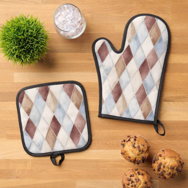 Pretty Blue Cream Tan Brown Diamonds   Oven Mitt & Pot Holder Set (Top Down)