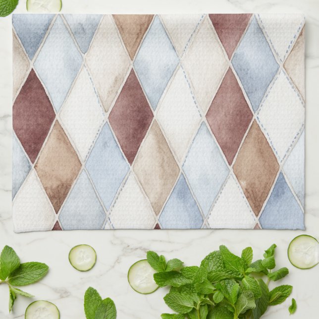 Pretty Blue Cream Tan Brown Diamonds   Tea Towel (Folded)