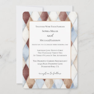 Pretty Blue Cream Tan Brown Diamonds Wedding Invitation