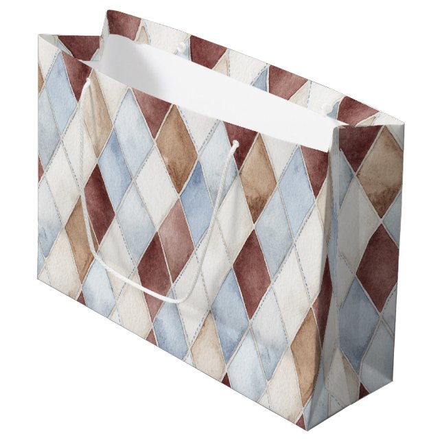 Pretty Blue Cream Tan Brown Diamonds Wedding Large Gift Bag (Front Angled)
