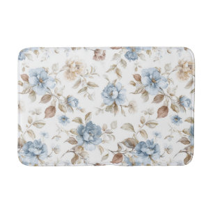 Pretty Blue Cream Tan Brown Flowers Bath Mat