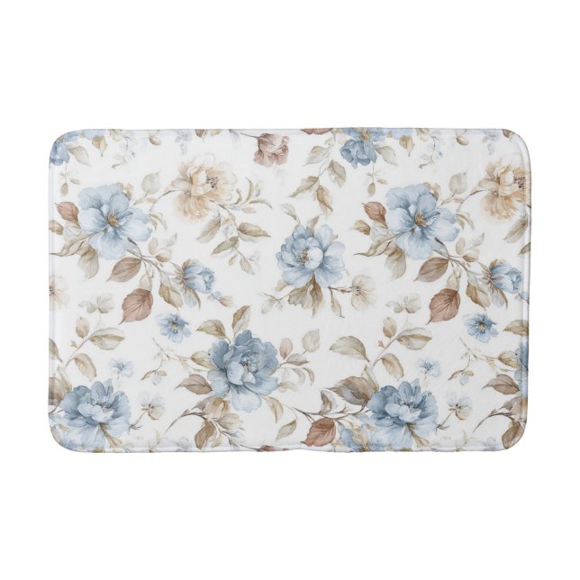 Pretty Blue Cream Tan Brown Flowers Bath Mat (Front)