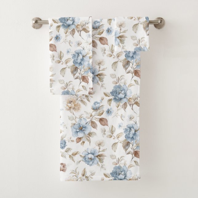 Pretty Blue Cream Tan Brown Flowers Bath Towel Set (Insitu)
