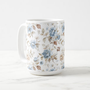 Pretty Blue Cream Tan Brown Flowers Coffee Mug
