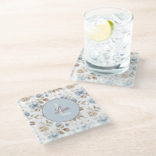 Pretty Blue Cream Tan Brown Flowers Glass Coaster