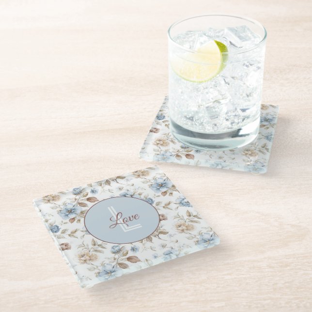 Pretty Blue Cream Tan Brown Flowers Glass Coaster (Angled)