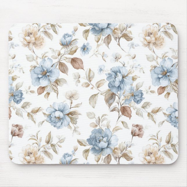 Pretty Blue Cream Tan Brown Flowers Mouse Pad (Front)