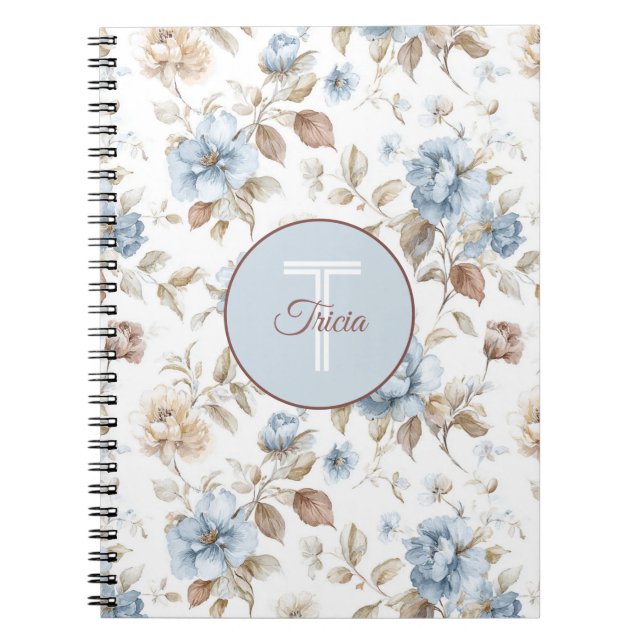 Pretty Blue Cream Tan Brown Flowers Notebook (Front)