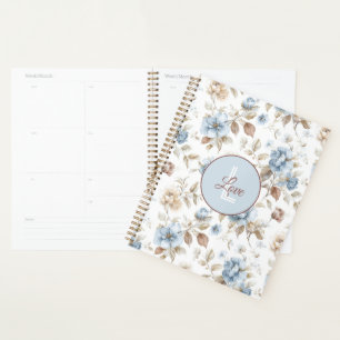 Pretty Blue Cream Tan Brown Flowers Planner