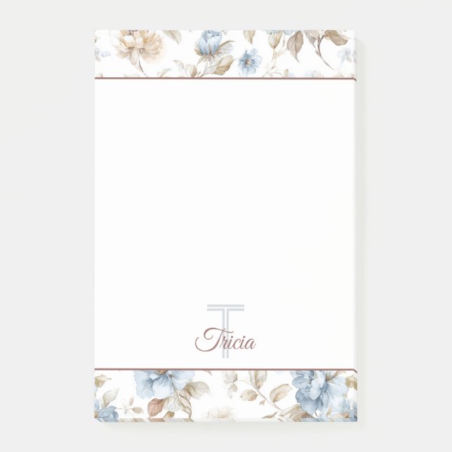 Pretty Blue Cream Tan Brown Flowers Post-it Notes (Front)