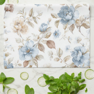 Pretty Blue Cream Tan Brown Flowers Tea Towel