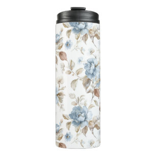 Pretty Blue Cream Tan Brown Flowers Thermal Tumbler