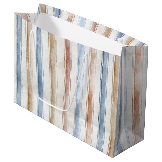 Pretty Blue Cream Tan Stripes Wedding Large Gift Bag (Front Angled)