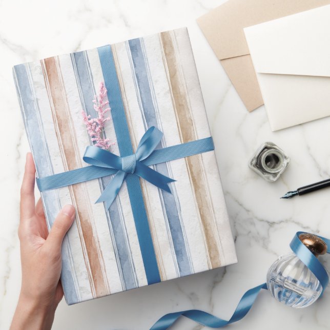 Pretty Blue Cream Tan Stripes Wedding Wrapping Paper (Gifting)