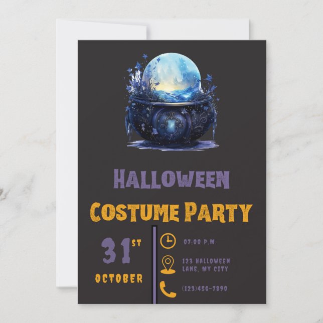 Pretty Blue Crystal Ball Black Halloween Invitation (Front)
