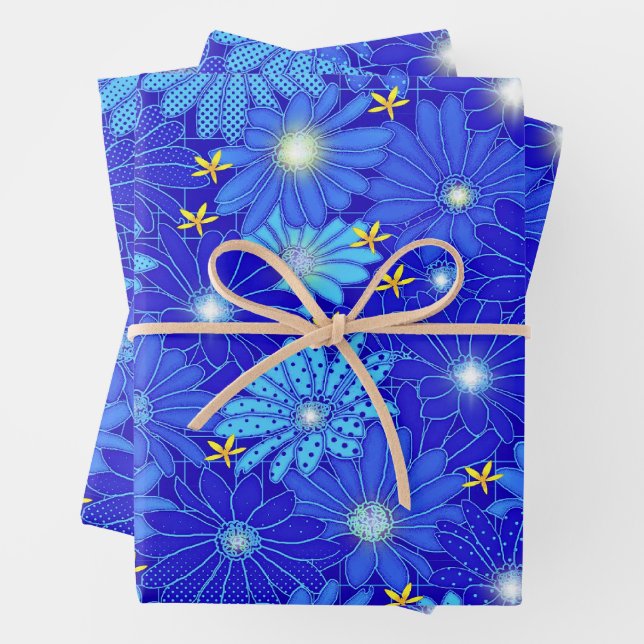 Pretty Blue Daisy Pattern Wrapping Paper Sheet (In situ)