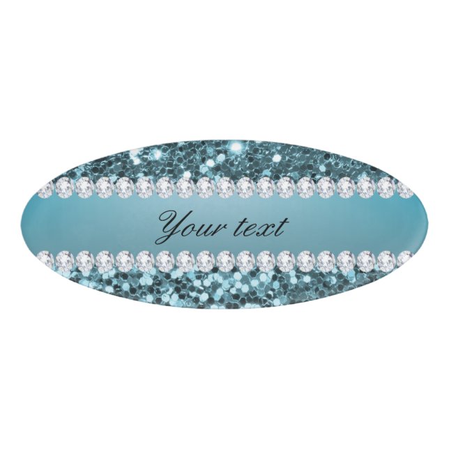 Pretty Blue Faux Glitter and Diamonds Name Tag (Front)
