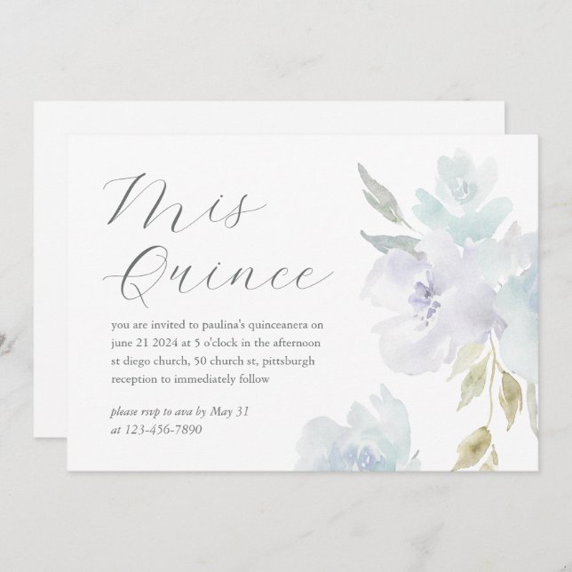 Pretty Blue Floral 15 Years Birthday Quinceañera Invitation (Front/Back)