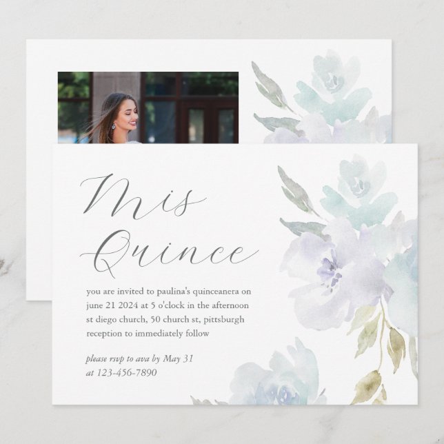 Pretty Blue Floral 15th Birthday Quinceañera Photo Invitation (Front/Back)