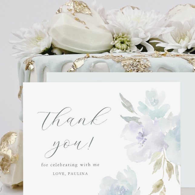 Pretty Blue Floral Birthday Quinceañera Thank You  Invitation (This pretty quinceanera thank you card includes pastel watercolor flowers and elegant calligraphy)