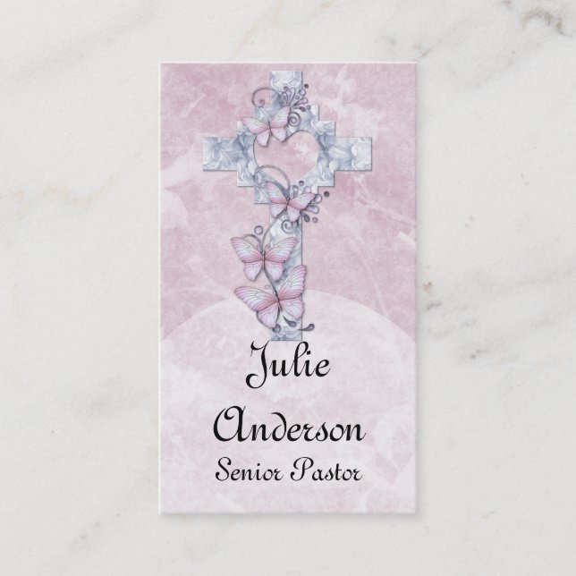 Pretty Blue Floral Christian Cross Business Cards (Front)