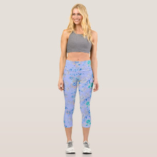 Pretty Blue Floral Garden Capri Leggings