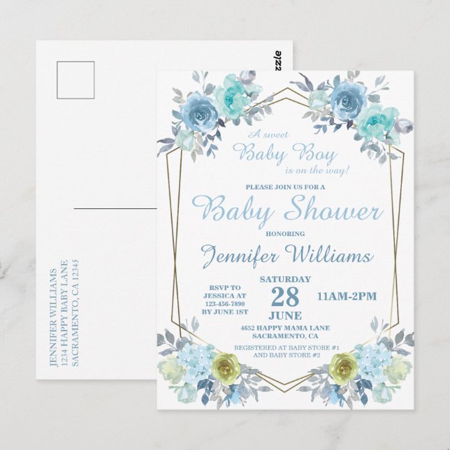Pretty Blue Floral It's a Boy Baby Shower Invitati Postcard (Front/Back)