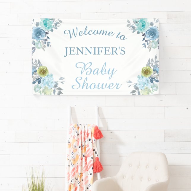 Pretty Blue Floral It's a Boy Baby Shower Welcome Banner (Insitu)