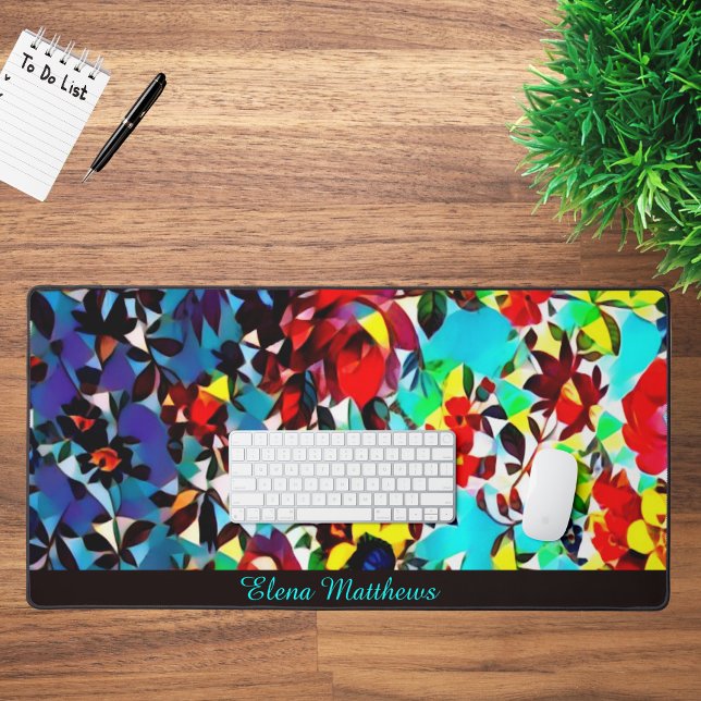 Pretty Blue Floral Mosaic Personalised Desk Mat (Creator Uploaded)