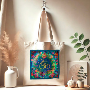 Pretty Blue Floral See the Good Inspirivity Tote Bag