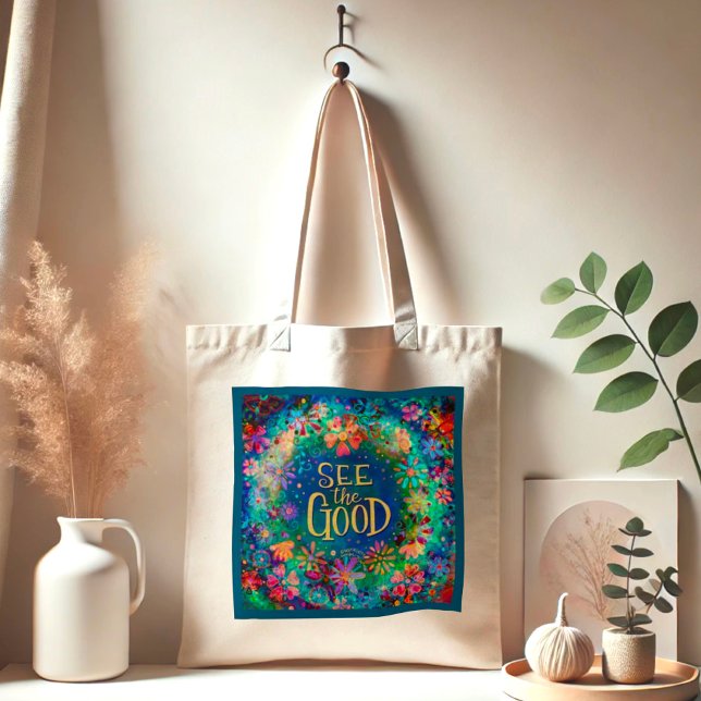 Pretty Blue Floral See the Good Inspirivity Tote Bag (Creator Uploaded)