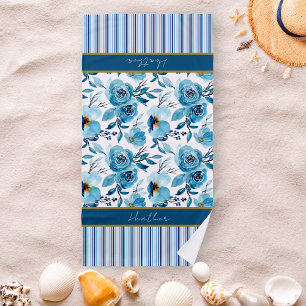 Pretty Blue Floral Striped Personalised  Beach Towel