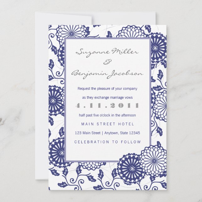 Pretty Blue Floral Wedding Invitation (Front)
