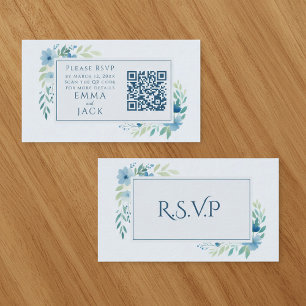 Pretty Blue Floral Wedding RSVP QR Code Enclosure Card