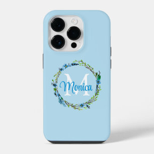 Pretty Blue Floral Wreath with Monogram iPhone 14 Pro Case