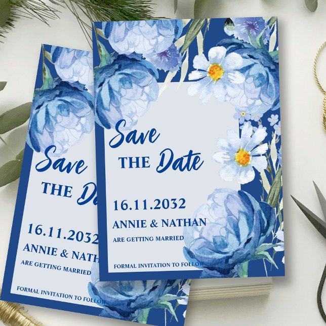 Pretty Blue Florals Trendy Wedding Save the Date (Pretty Blue Florals Trendy Wedding Save the Date Invitation)