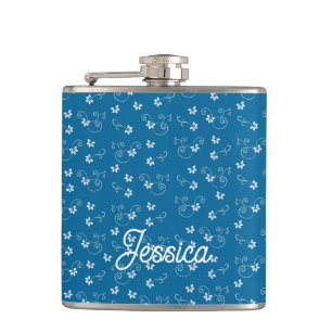 Pretty Blue Flower Pattern Personalised Hip Flask