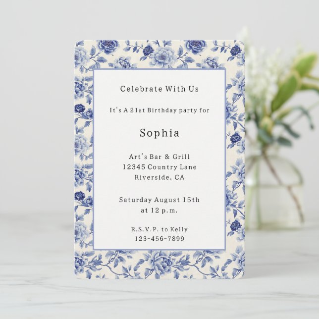 Pretty Blue Flowers Birthday   Invitation (Standing Front)