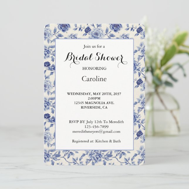 Pretty Blue Flowers Bridal Shower  Invitation (Standing Front)