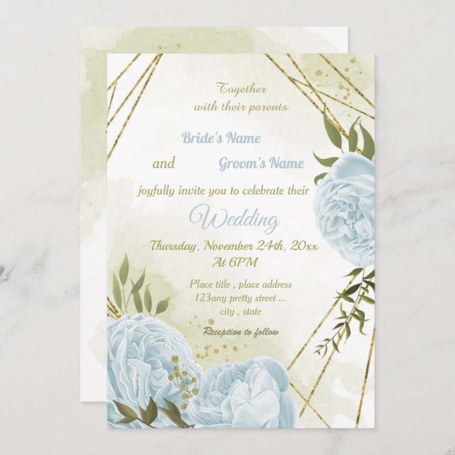 pretty blue flowers greenery geometric wedding invitation (Front/Back)